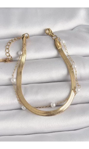 316L Çelik Gold Renk 2Li İtalyan Zincir Model İnci Detay Kadın Bileklik