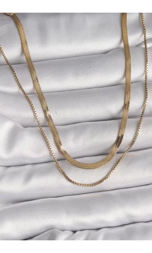 316L Çelik Gold Renk 2Li İtalyan Zincir Model Kadın Kolye