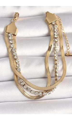 316L Çelik Gold Renk 2Li İtalyan Zincir Model Zirkon Taşlı Kadın Bileklik
