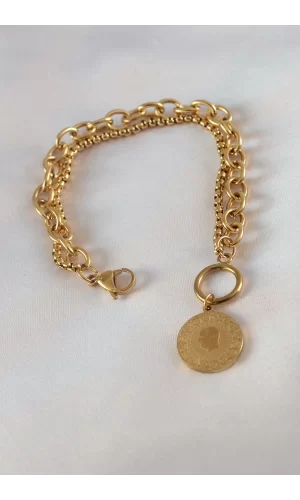 316L Çelik Gold Renk 2li Zincir Model Çeyrek Altınlı Kadın Bileklik