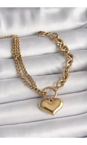 316L Çelik Gold Renk 2Li Zincir Model Kalp Figür Kadın Bileklik