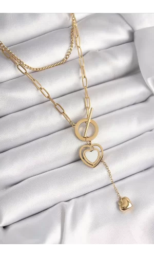 316L Çelik Gold Renk 2Li Zincir Model Sallantı Detay Kadın Kolye