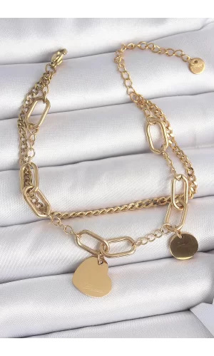 316L Çelik Gold Renk 2Li Zincir Model Sallantı Kalp Figür Kadın Bileklik