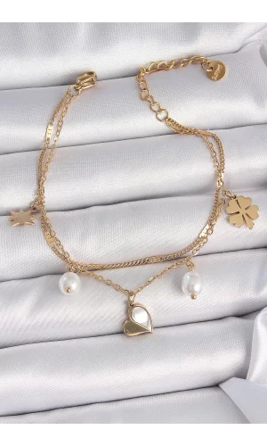 316L Çelik Gold Renk 2li Zincir Model Sallantı Kalp Figür Yonca Detay Kadın Bileklik