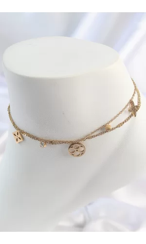 316L Çelik Gold Renk 2Li Zincir Rüya Kapnı Figür Zirkon Taş Detay Kadın Halhal