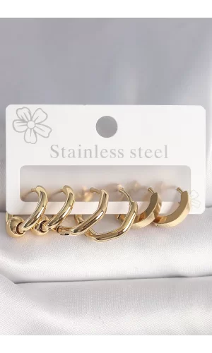 316L Çelik Gold Renk Altıgen Halka Model Kadın Küpe Seti
