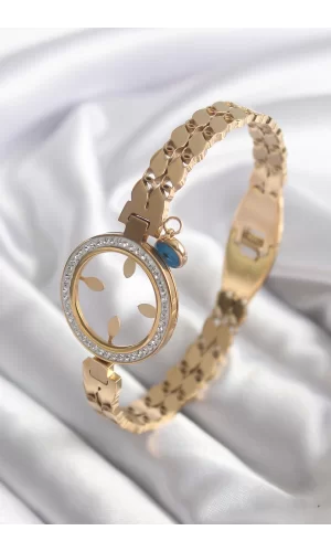 316L Çelik Gold Renk Arpa Model Zirkon Taş Detay Çeyrek Altın Takılabilir Kadın Kelepçe