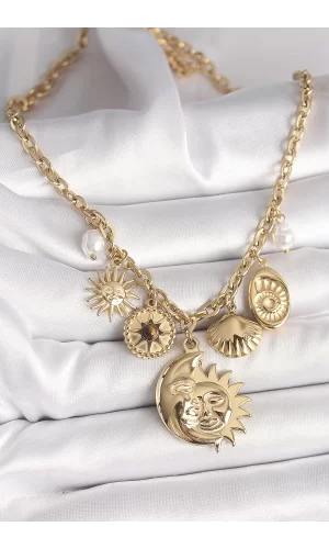 316L Çelik Gold Renk Ay Güneş Figür Deniz Kabuğu Detay Kadın Kolye