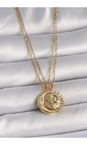 316L Çelik Gold Renk Ay Güneş Model Arkadaşlık Kadın Kolye