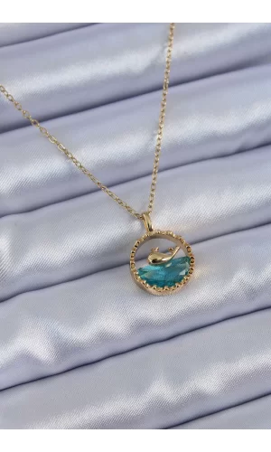 316L Çelik Gold Renk Balina Figür Kristal Taşlı Kadın Kolye