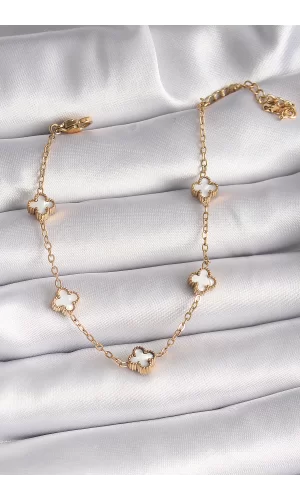 316L Çelik Gold Renk Beyaz Baby Boy Yonca Model Kadın Bileklik
