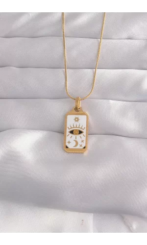 316L Çelik Gold Renk Beyaz Mineli Göz Figür Tarot Kolye