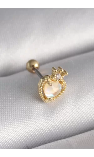 316L Çelik Gold Renk Beyaz Mineli Kalp Zirkon Taş Detaylı Taç Tragus Piercing
