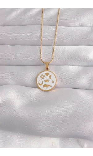 316L Çelik Gold Renk Beyaz Mineli Karışık Figürlü Tarot Kolye