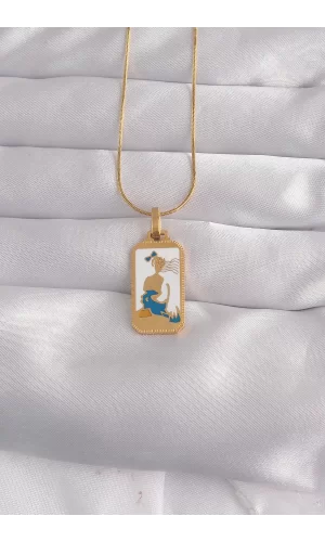 316L Çelik Gold Renk Beyaz Mineli Kız Figür Tarot Kolye