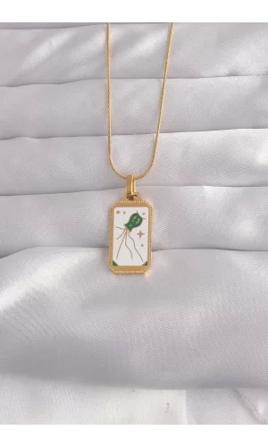 316L Çelik Gold Renk Beyaz Mineli Tarot Kolye