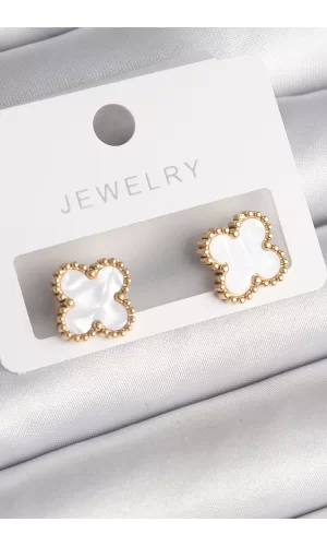 316L Çelik Gold Renk Beyaz Minelik Yonca Model Kadın Küpe