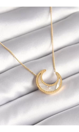 316L Çelik Gold Renk Beyaz Sedefli Hilal Model Kadın Kolye