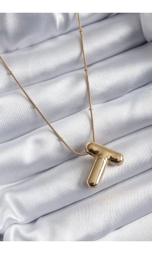 316L Çelik Gold Renk Bubble T Harf Model Kadın Kolye