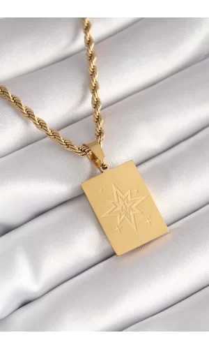 316L Çelik Gold Renk Burgu Zincir Kutup Yıldızı İşleme Plaka Figür Kadın Kolye