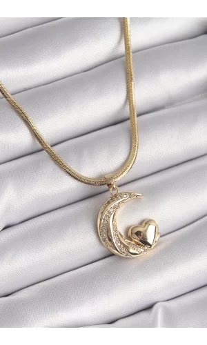 316L Çelik Gold Renk Çelik İtalyan Zincir Zirkon Taşlı Halil Figür Kalp Detay Kadın Kolye