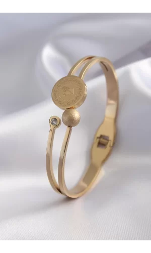 316L Çelik Gold Renk Çeyrek Altın Zirkon Taş Detay Kadın Kelepçe