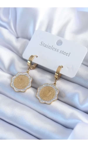 316L Çelik Gold Renk Çeyrek Model Zirkon Taş Detay Kadın Küpe