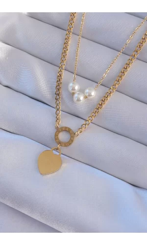 316L Çelik Gold Renk Çift Zincir İnci Detayı Love Kalp Kolye