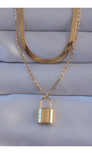 316L Çelik Gold Renk Çift Zincir Kilit Model Kolye