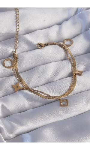 316L Çelik Gold Renk Çift Zincir Yonca Tasarım Bileklik