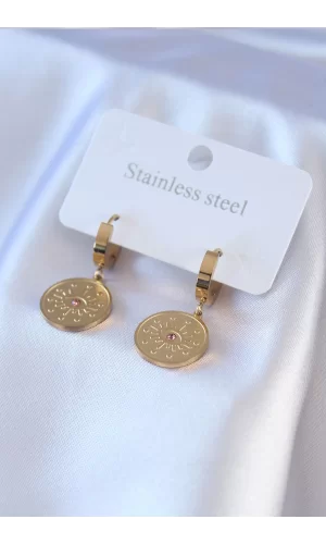 316L Çelik Gold Renk Göz İşleme Zirkon Taş Detay Kadın Küpe
