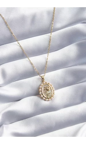 316L Çelik Gold Renk Gül Model İnci Detay Kadın Kolye