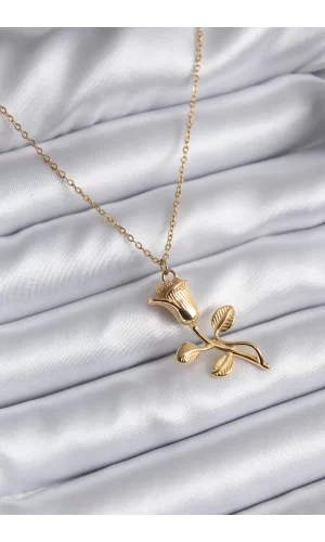 316L Çelik Gold Renk Gül Model Kadın Kolye