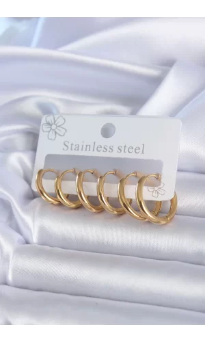 316L Çelik Gold Renk Halka Model Kadın Küpe Seti