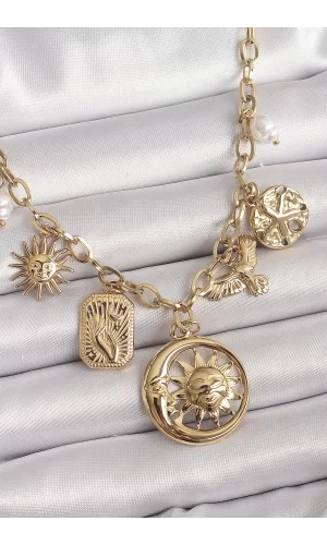 316L Çelik Gold Renk Halka Zincir Sallantı Ay Güneş Figür Kuş Detay Kadın Kolye