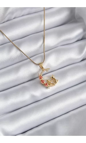 316L Çelik Gold Renk Hilal Kedi Model Zirkon Taşlı Detay Kadın Kolye