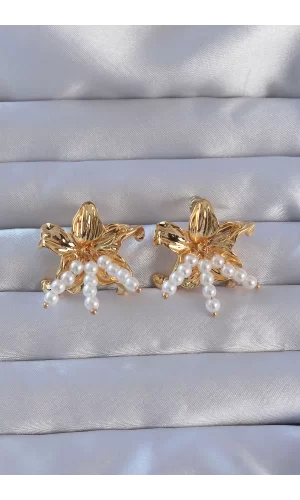 316L Çelik Gold Renk İnci Aksesuarlı Çiçek Model Küpe
