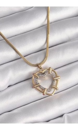 316L Çelik Gold Renk İtalyan Zincir Mix Renk Zirkon Taşlı Kalp Model Kadın Kolye