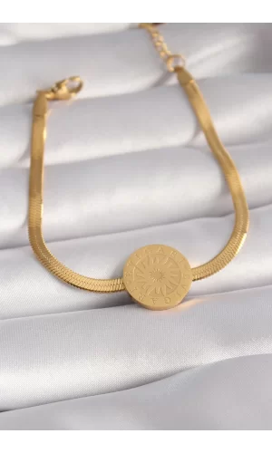 316L Çelik Gold Renk İtalyan Zincir Model İşlemeli Madalyon Figür Kadın Bileklik