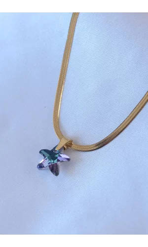 316L Çelik Gold Renk İtalyan Zincir Model Kristal Deniz Yıldız Model Kadın Kolye