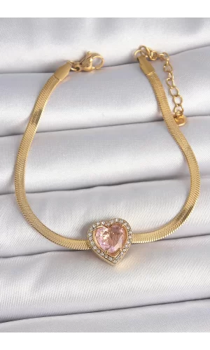 316L Çelik Gold Renk İtalyan Zincir Pembe Zirkon Taşlı Kalp Model Kadın Bileklik
