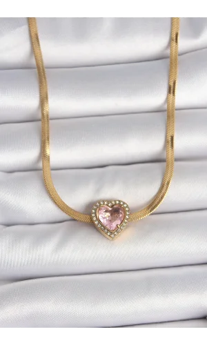 316L Çelik Gold Renk İtalyan Zincir Pembe Zirkon Taşlı Kalp Model Kadın Kolye