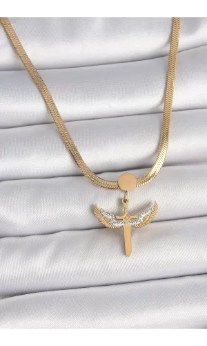 316L Çelik Gold Renk İtalyan Zincir Zirkon Taş Detaylı Mikail Model Kadın Kolye