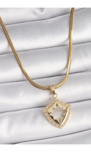 316L Çelik Gold Renk İtalyan Zincir Zirkon Taşlı Kutup Yıldız İşleme Kadın Kolye