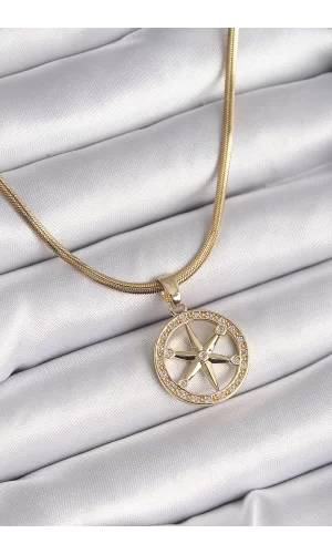 316L Çelik Gold Renk İtalyan Zincir Zirkon Taşlı Kutup Yıldız Model Kadın Kolye