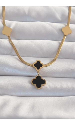 316L Çelik Gold Renk İtalyan Zincirli Mineli Yonca Kolye