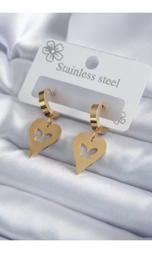 316L Çelik Gold Renk Kalp Model Kelebek İşleme Kadın Küpe