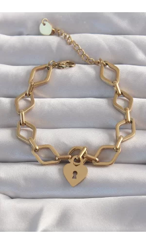 316L Çelik Gold Renk Kalp Model Zincir Bileklik