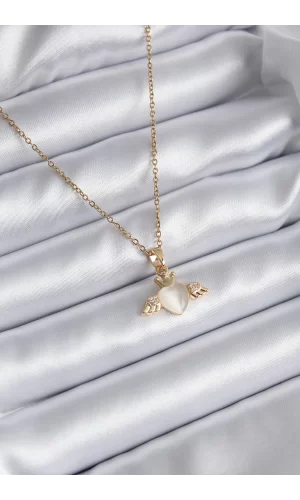 316L Çelik Gold Renk Kanatlı Kalp Model Zirkon Taşlı Kadın Kolye