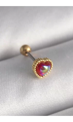 316L Çelik Gold Renk Kırmızı Mineli Kalp Tragus Piercing